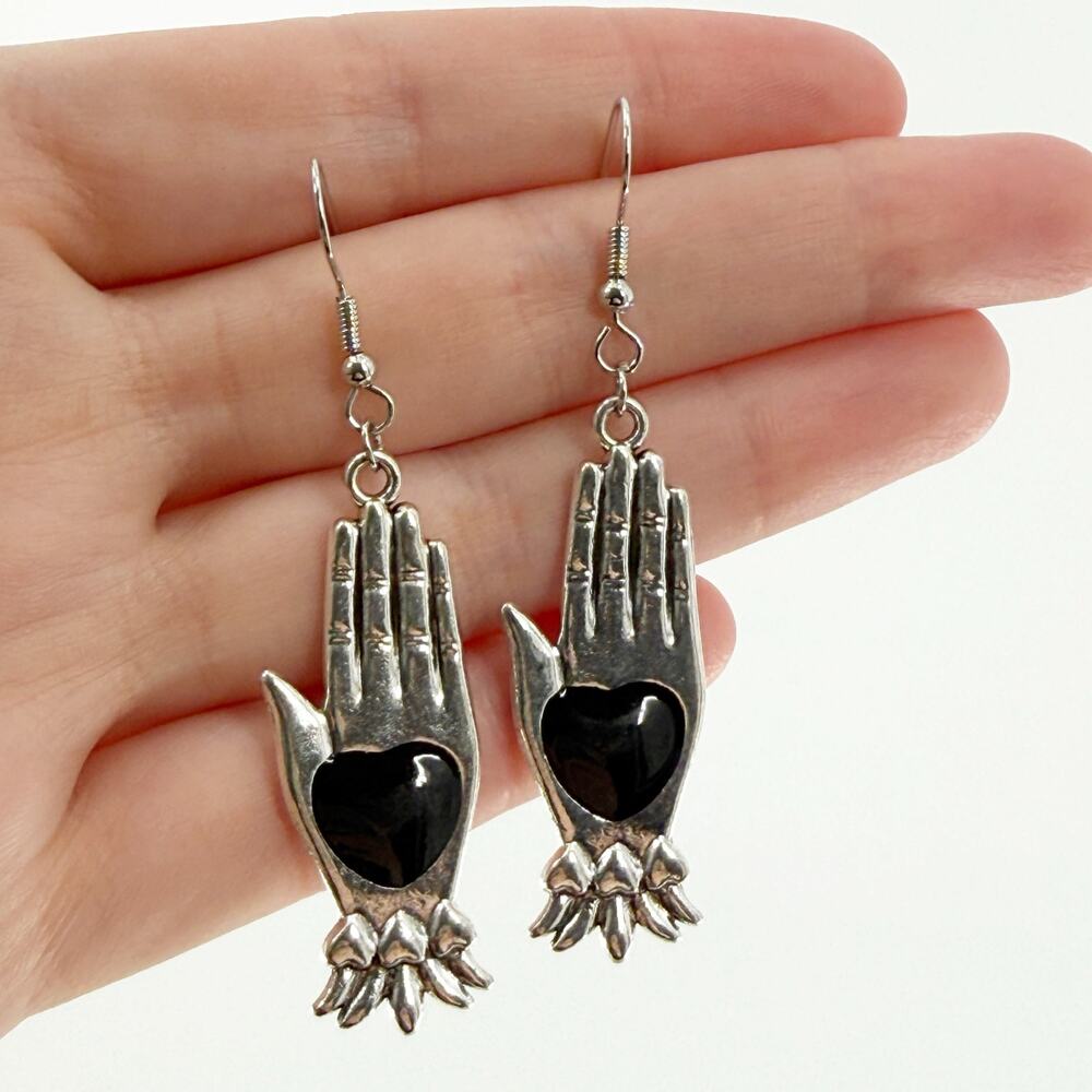 Silver Hamsa Hand Dangle Earrings | Black Heart Evil Eye Protection Jewelry